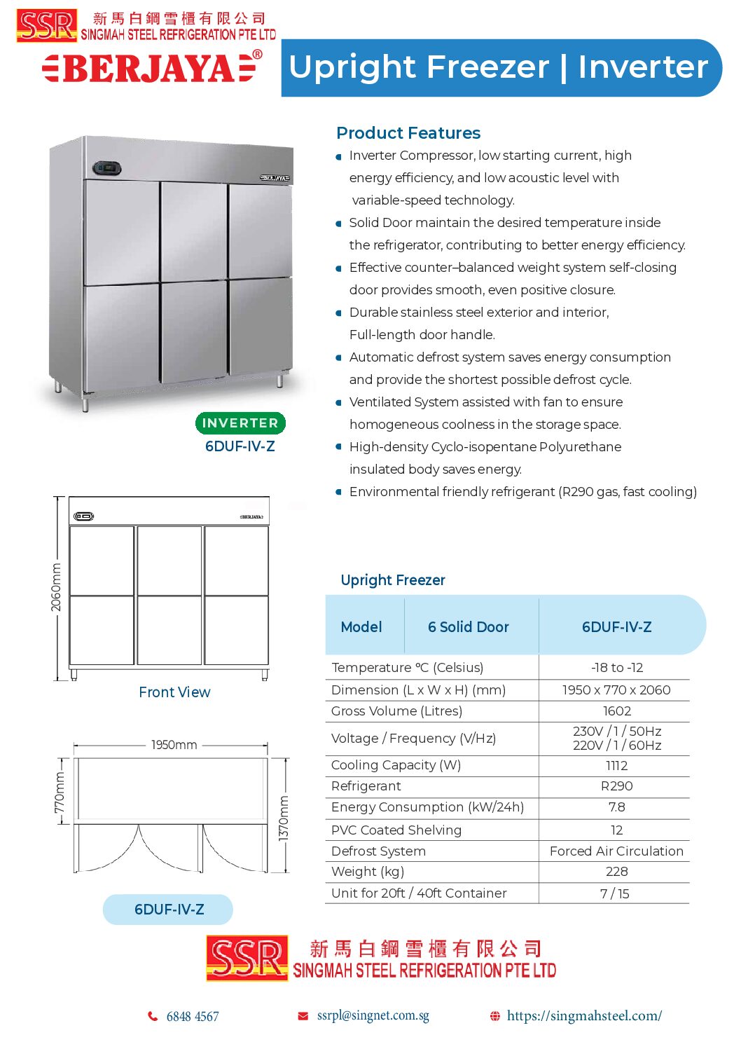 Berjaya 6 Door Upright Freezer Inverte 6D