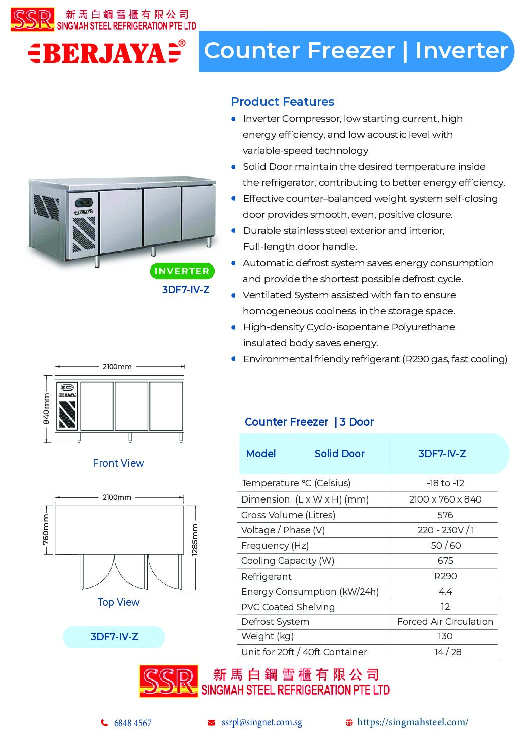 Berjaya Counter Freezer 3 Door Inverter 3DF7-IV-Z